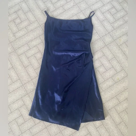 saints and secrets blue dress Saints & Secrets SIZE L Blue Satin Maxi Dress Spaghetti Strap W WRAP TIE BACK